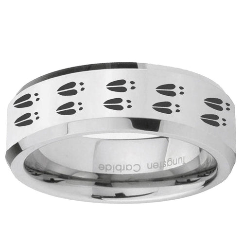 10mm Deer Tracks Beveled Edge Silver Tungsten Ring