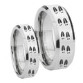 Deer Tracks Beveled Edges Silver Tungsten Matching Ring Set