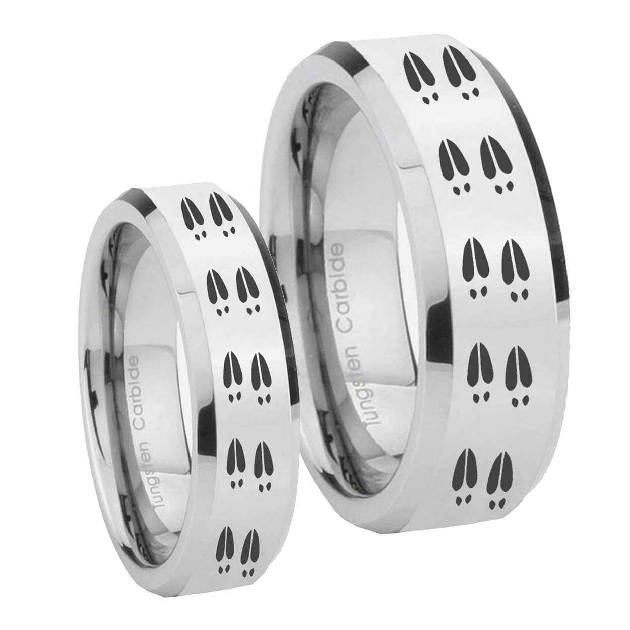 Deer Tracks Beveled Edges Silver Tungsten Matching Ring Set