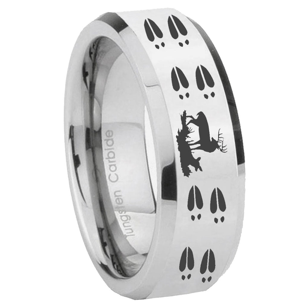 10mm Deer Hunting Tracks Beveled Edges Silver Tungsten Carbide Custom Mens Ring