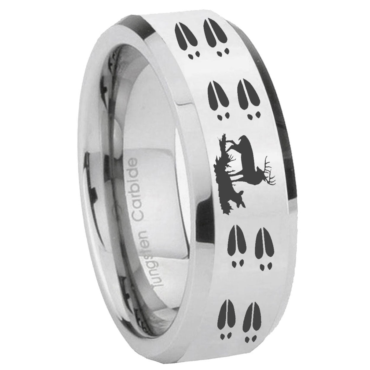 10mm Deer Hunting Tracks Beveled Edges Silver Tungsten Carbide Custom Mens Ring