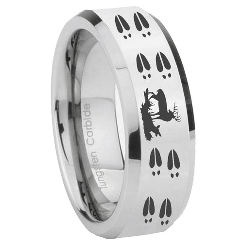 10mm Deer Hunting Tracks Beveled Edges Silver Tungsten Carbide Custom Mens Ring