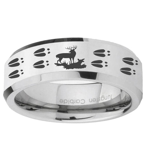 10mm Deer Hunting Tracks Beveled Edge Silver Tungsten Ring