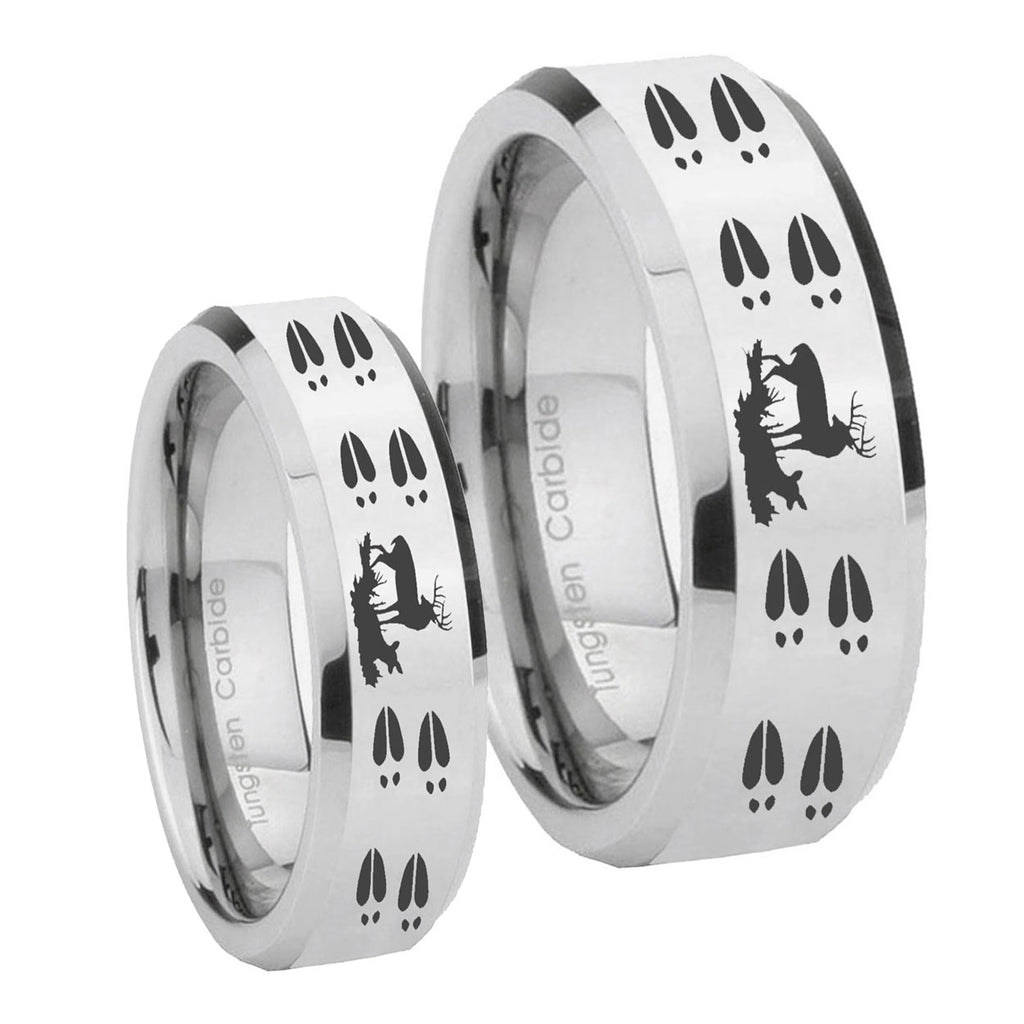 Deer Hunting Tracks Beveled Silver Tungsten Wedding Set Rings