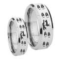 Deer Hunting Tracks Beveled Silver Tungsten Wedding Set Rings
