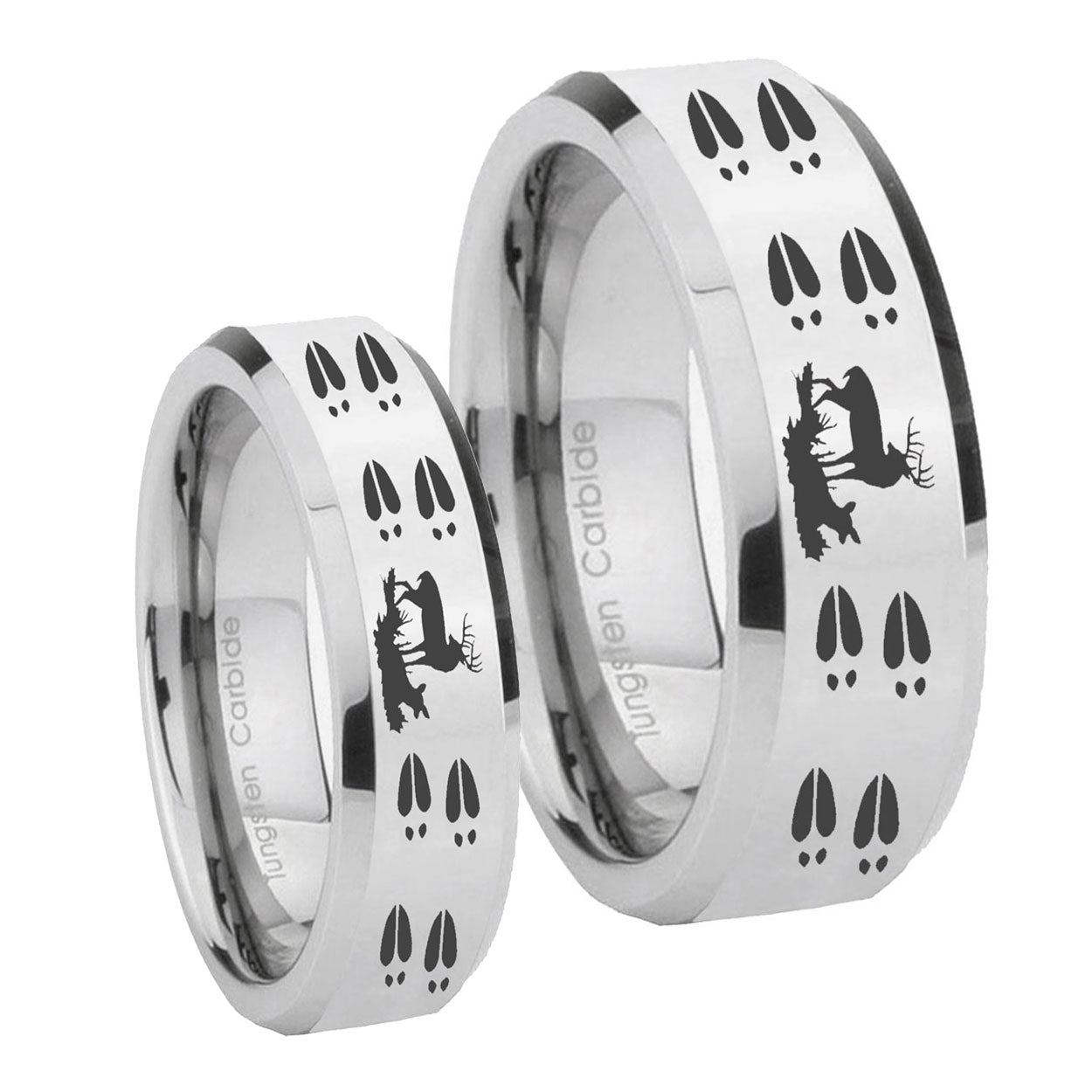 Deer Hunting Tracks Beveled Silver Tungsten Wedding Set Rings