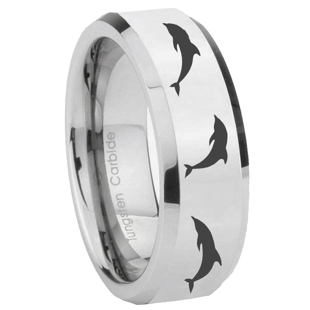 10mm Dolphins Beveled Edges Silver Tungsten Carbide Custom Ring for Men