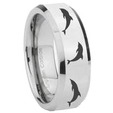 8mm Dolphins Beveled Edges Silver Tungsten Carbide Mens Ring Engraved