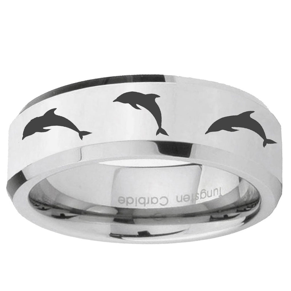 10mm Dolphins Beveled Edge Silver Tungsten Carbide Custom Ring for Men