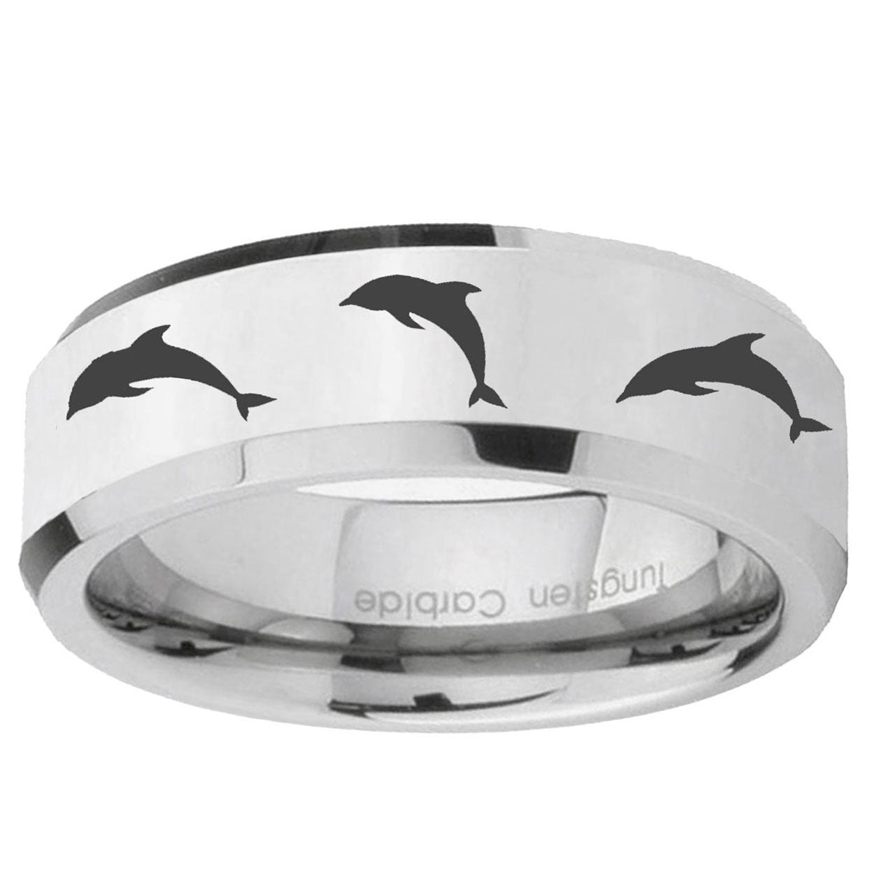 10mm Dolphins Beveled Edge Silver Tungsten Carbide Custom Ring for Men