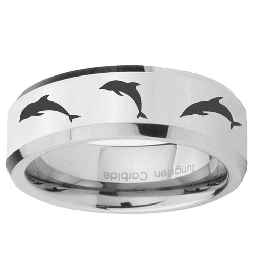 10mm Dolphins Beveled Edge Silver Tungsten Carbide Custom Ring for Men