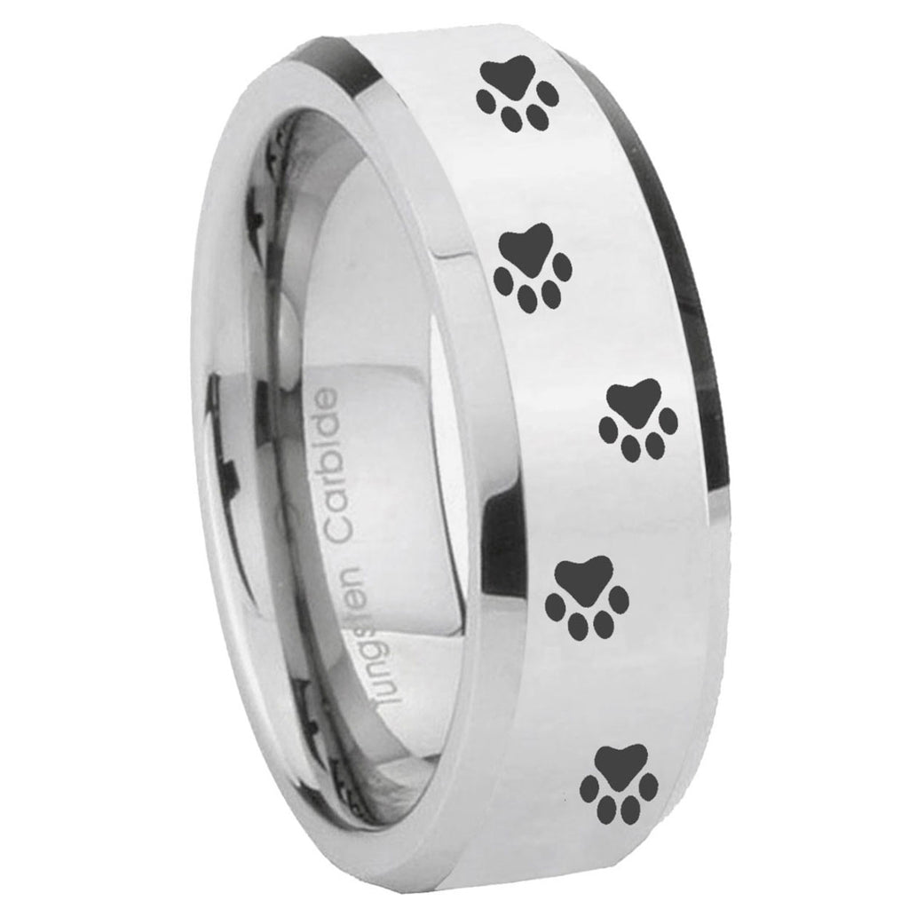 10mm Paw Print Beveled Edges Silver Tungsten Carbide Engagement Ring