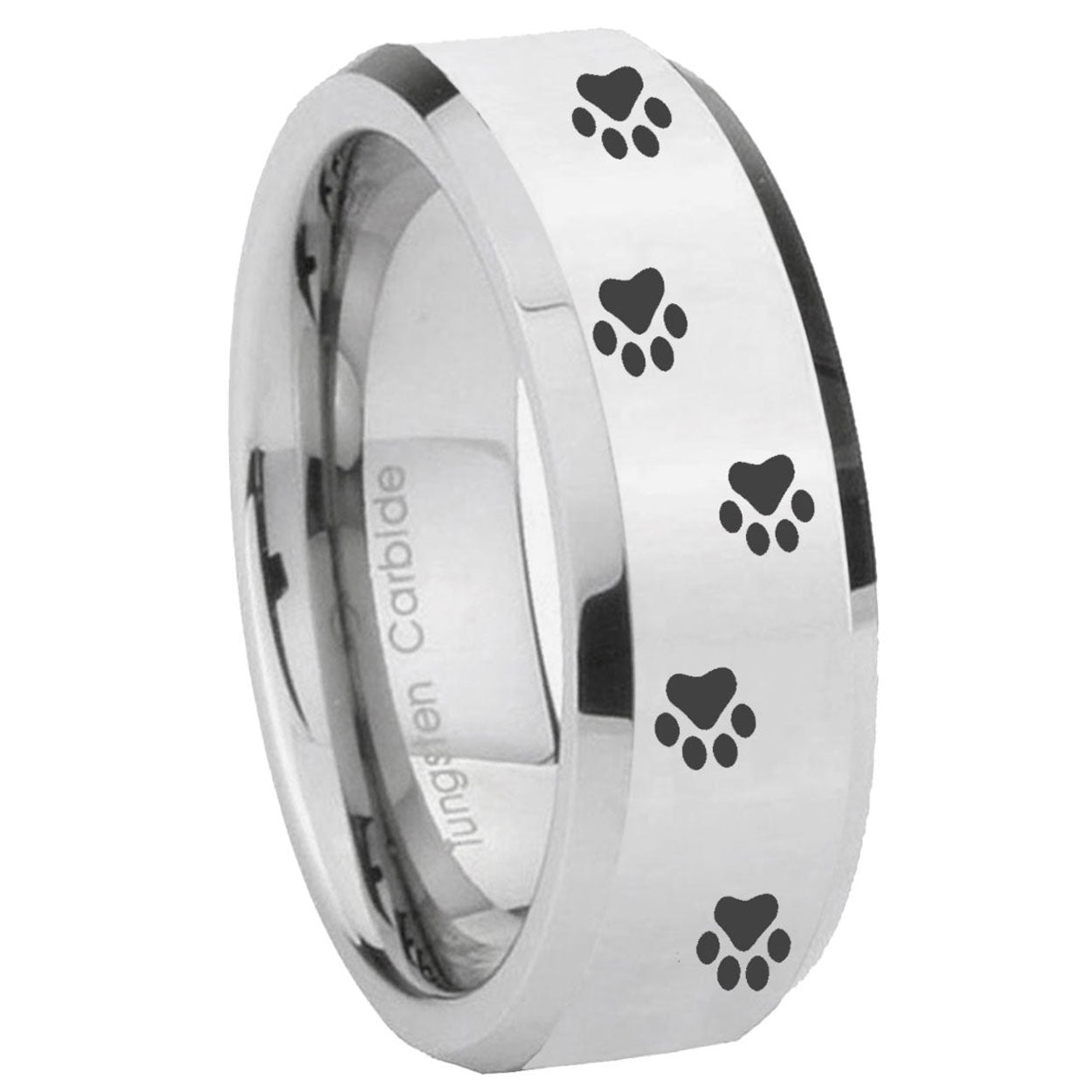 10mm Paw Print Beveled Edges Silver Tungsten Carbide Engagement Ring