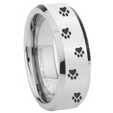 8mm Paw Print Beveled Edges Silver Tungsten Carbide Mens Ring Personalized