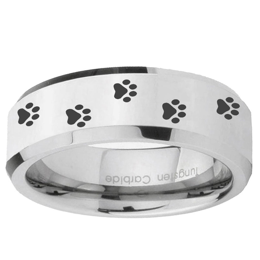 10mm Paw Print Beveled Edge Silver Tungsten Ring