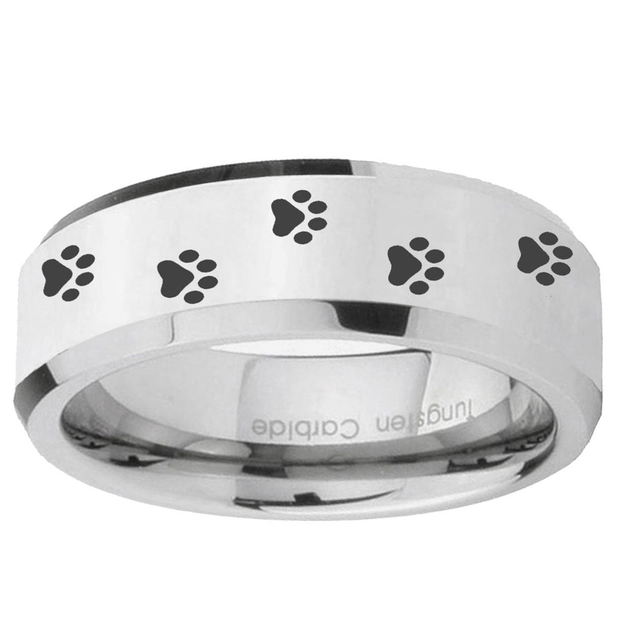 10mm Paw Print Beveled Edge Silver Tungsten Ring