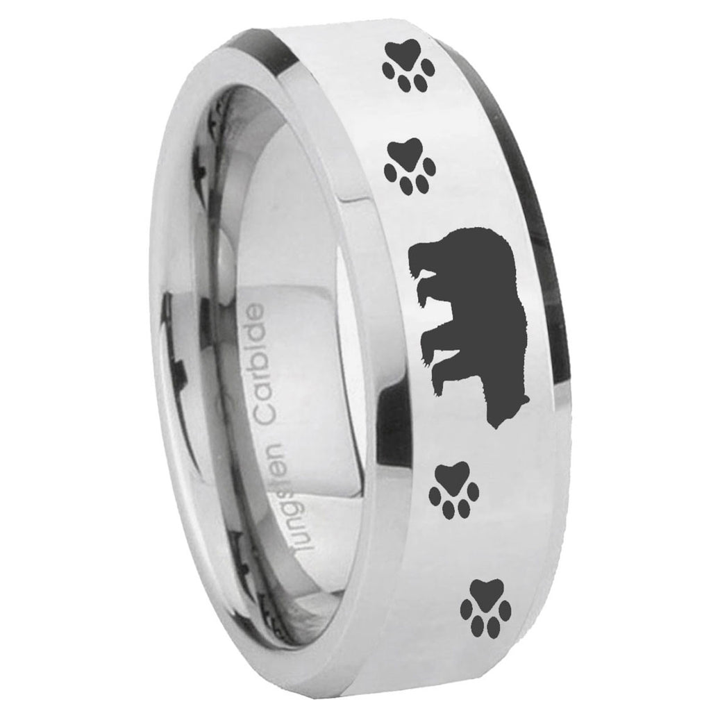 10mm Bear and Paw Beveled Edges Silver Tungsten Carbide Engraved Ring