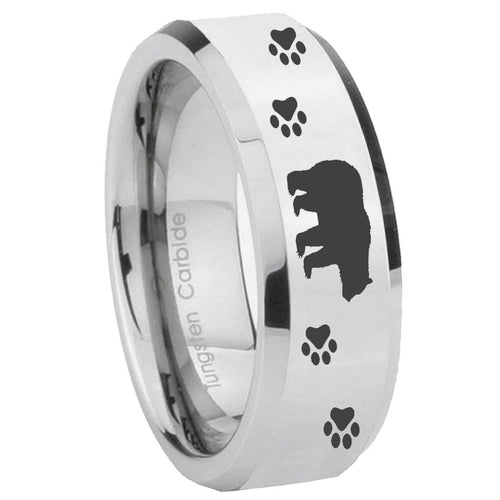 10mm Bear and Paw Beveled Edges Silver Tungsten Carbide Engraved Ring