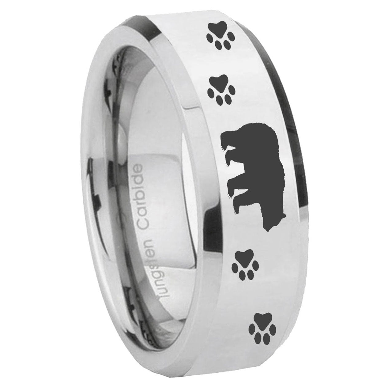 8MM Bear and Paw Bevel Polish Silver Tungsten Rings For Men