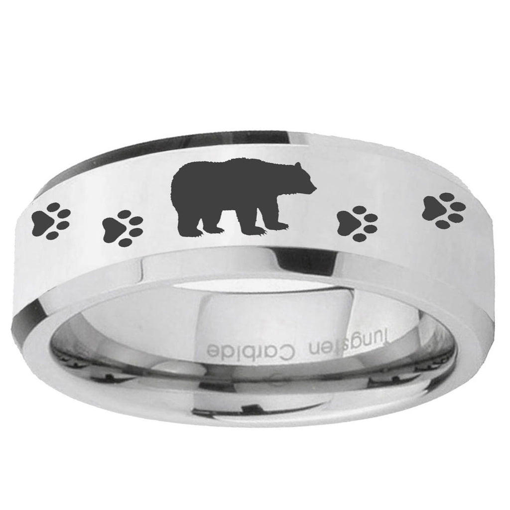 10mm Bear and Paw Beveled Edge Silver Tungsten Ring