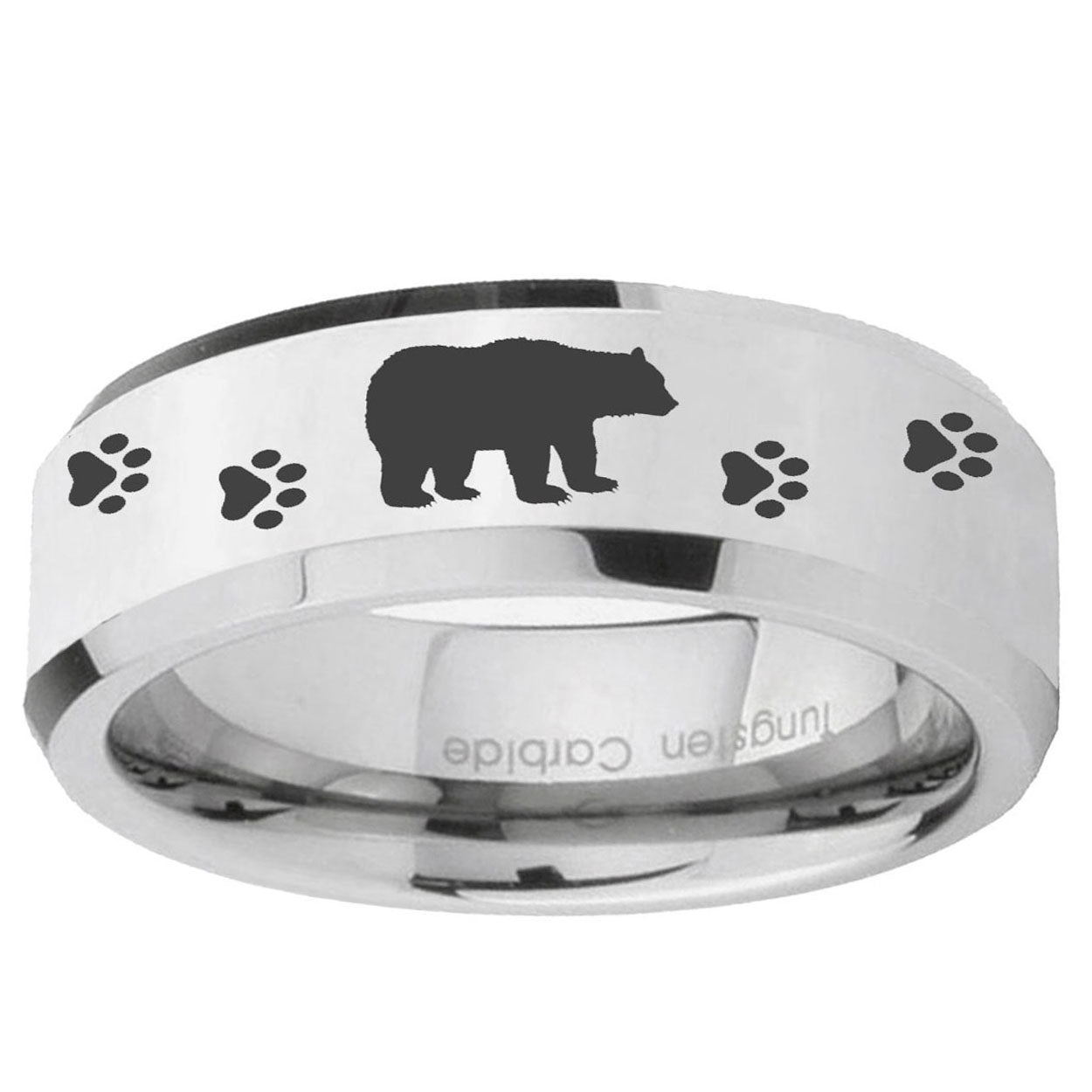 10mm Bear and Paw Beveled Edge Silver Tungsten Ring
