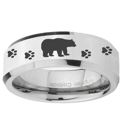 10mm Bear and Paw Beveled Edge Silver Tungsten Ring