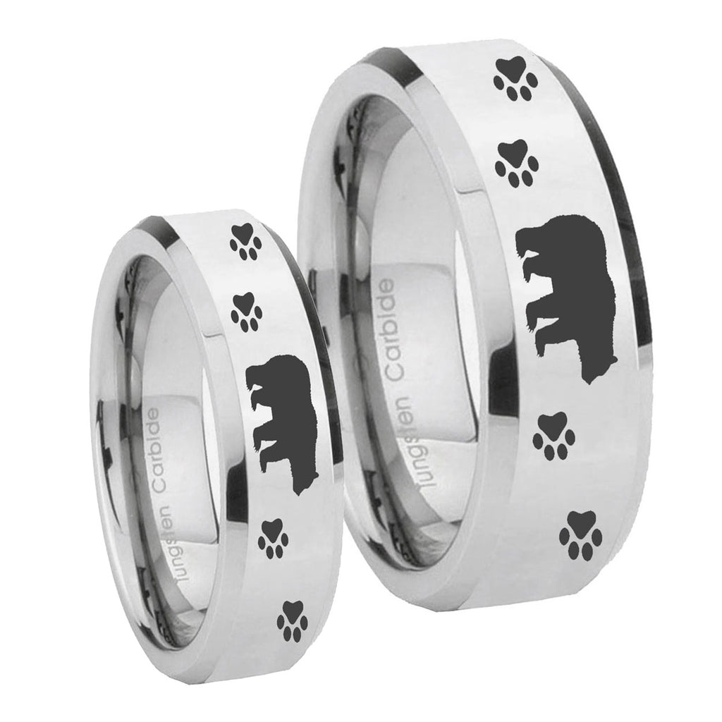 Bear and Paw Beveled Edges Silver Tungsten Mens Ring Set