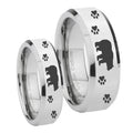 Bear and Paw Beveled Edges Silver Tungsten Mens Ring Set