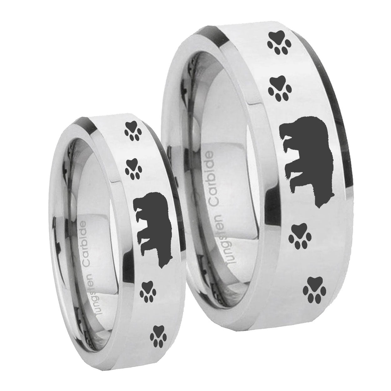 Bear and Paw Beveled Edges Silver Tungsten Mens Ring Set