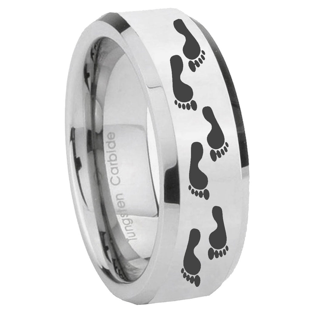 10mm Foot Print Beveled Edges Silver Tungsten Carbide Mens Anniversary Ring
