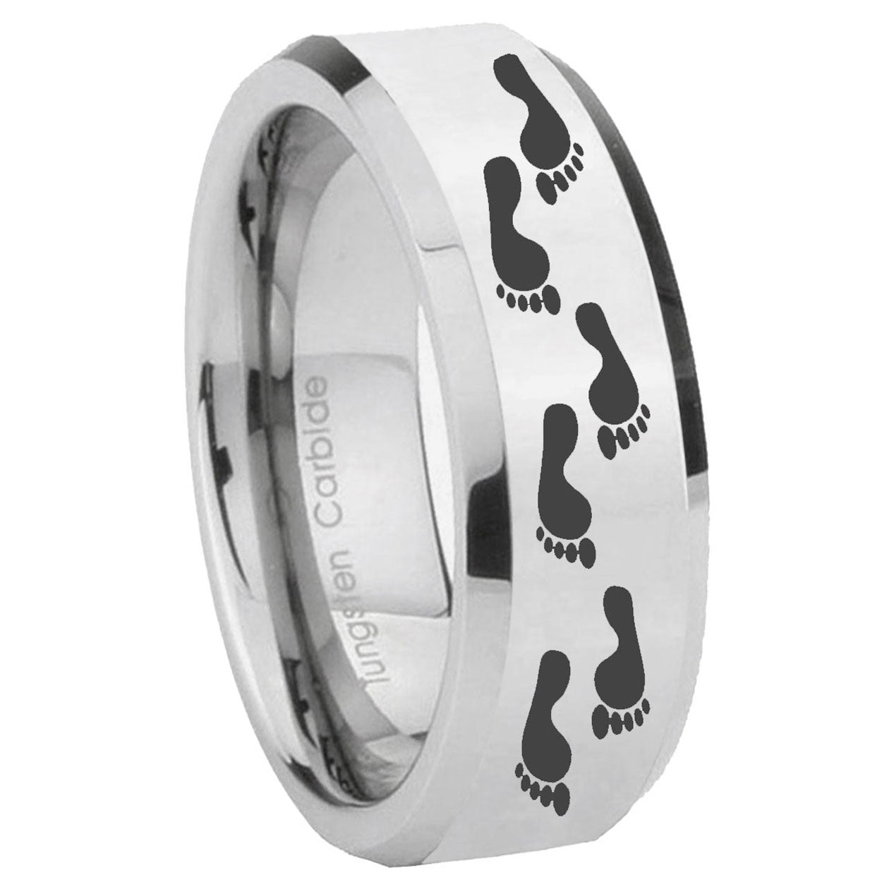 10mm Foot Print Beveled Edges Silver Tungsten Carbide Mens Anniversary Ring