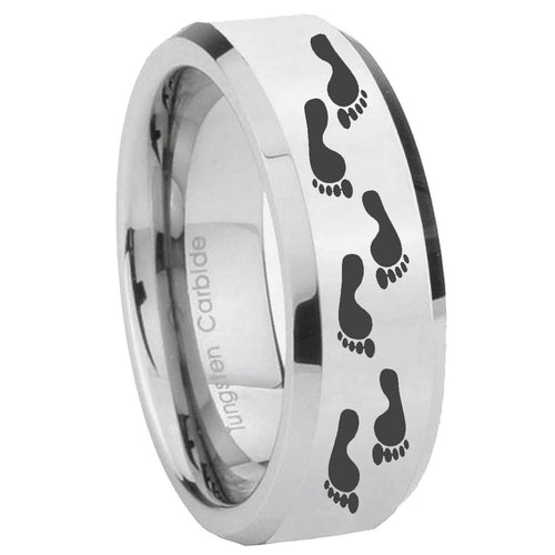 10mm Foot Print Beveled Edges Silver Tungsten Carbide Mens Anniversary Ring