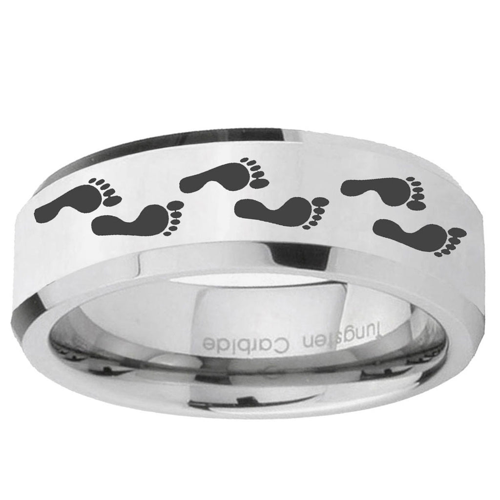10mm Foot Print Beveled Edge Silver Tungsten Ring
