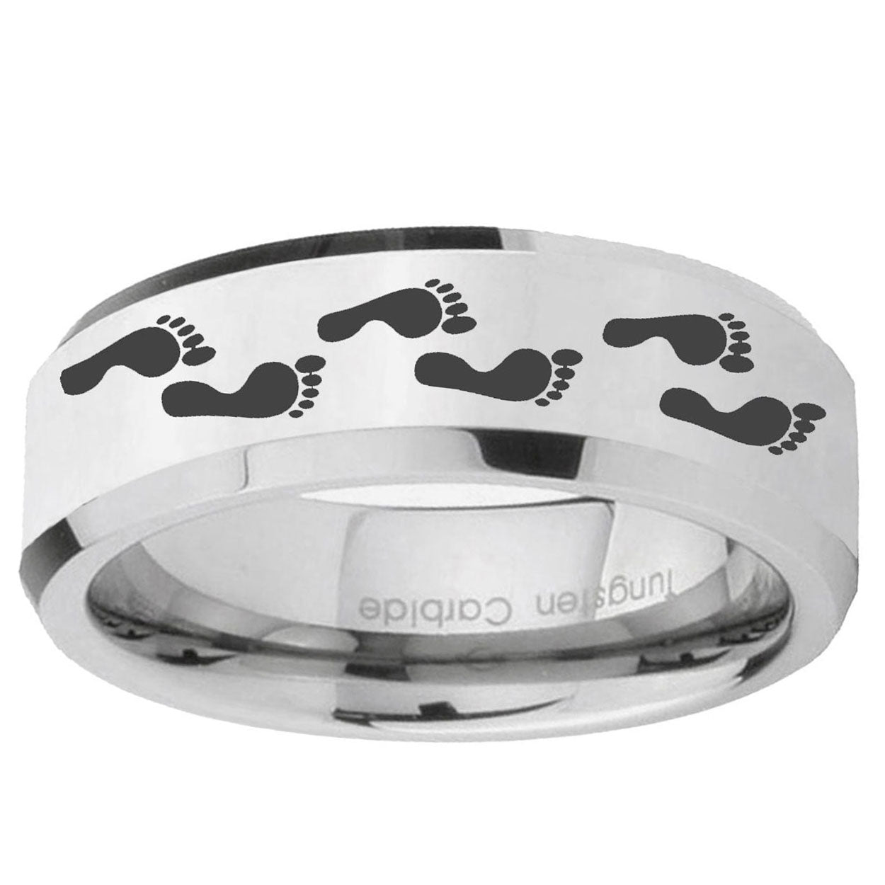 10mm Foot Print Beveled Edge Silver Tungsten Ring