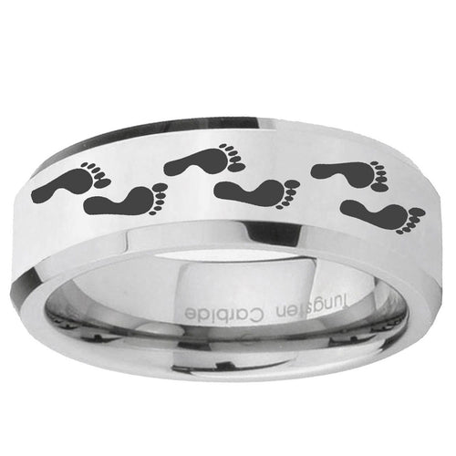 10mm Foot Print Beveled Edge Silver Tungsten Ring
