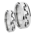 Foot Print Beveled Edges Silver Tungsten Engagement Ring Set