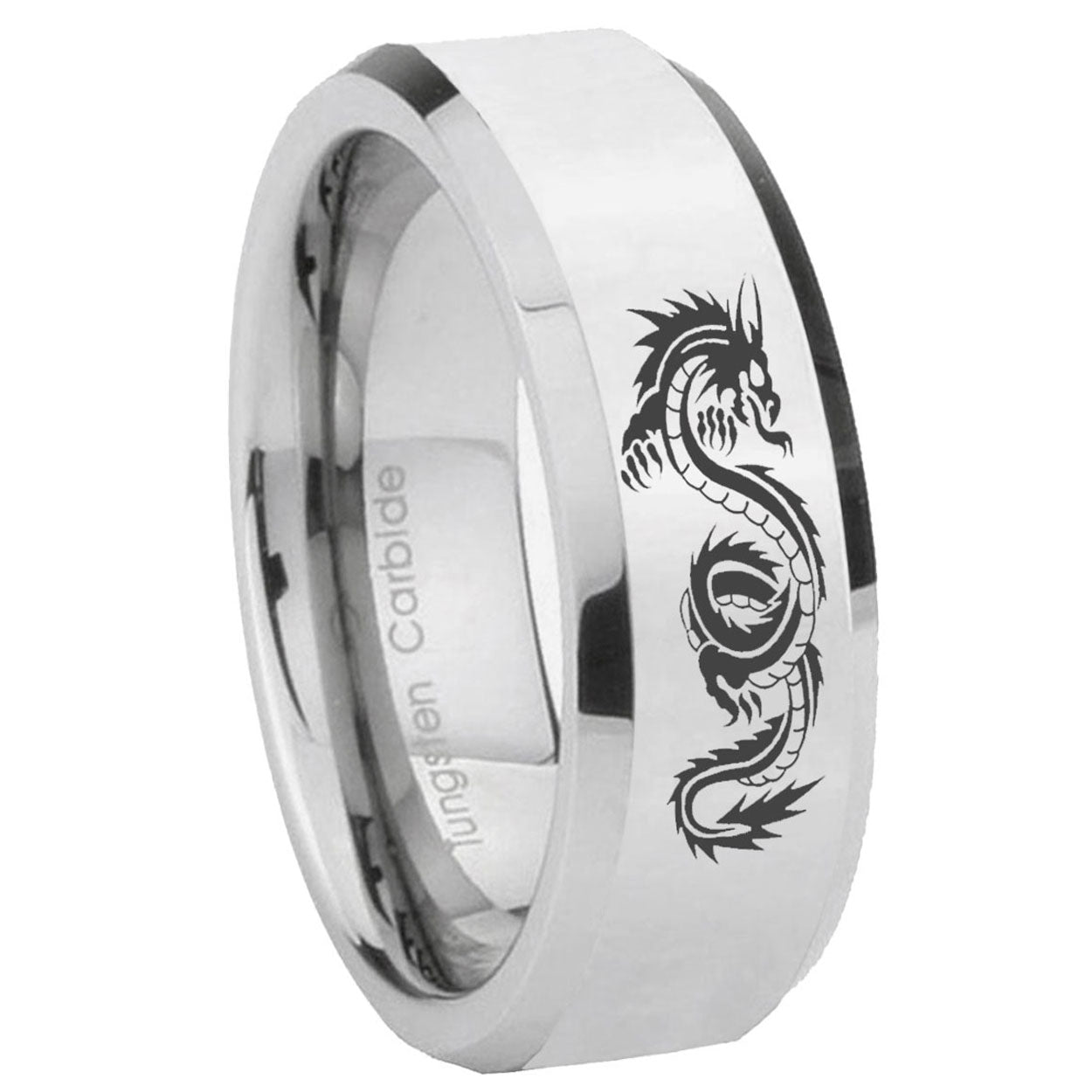 8MM Dragon Bevel Polish Silver Tungsten Mens Engagement Ring