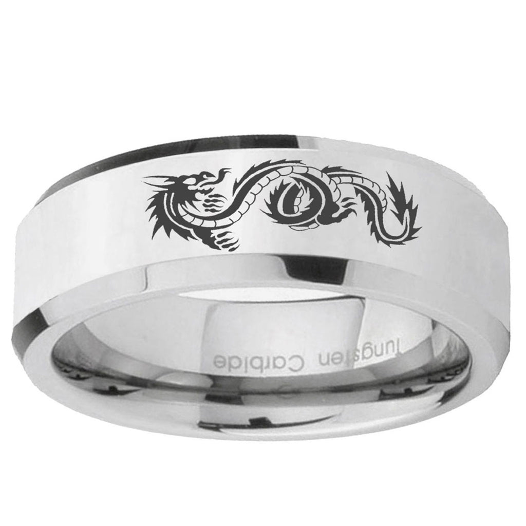 10mm Dragon Beveled Edge Silver Tungsten Ring