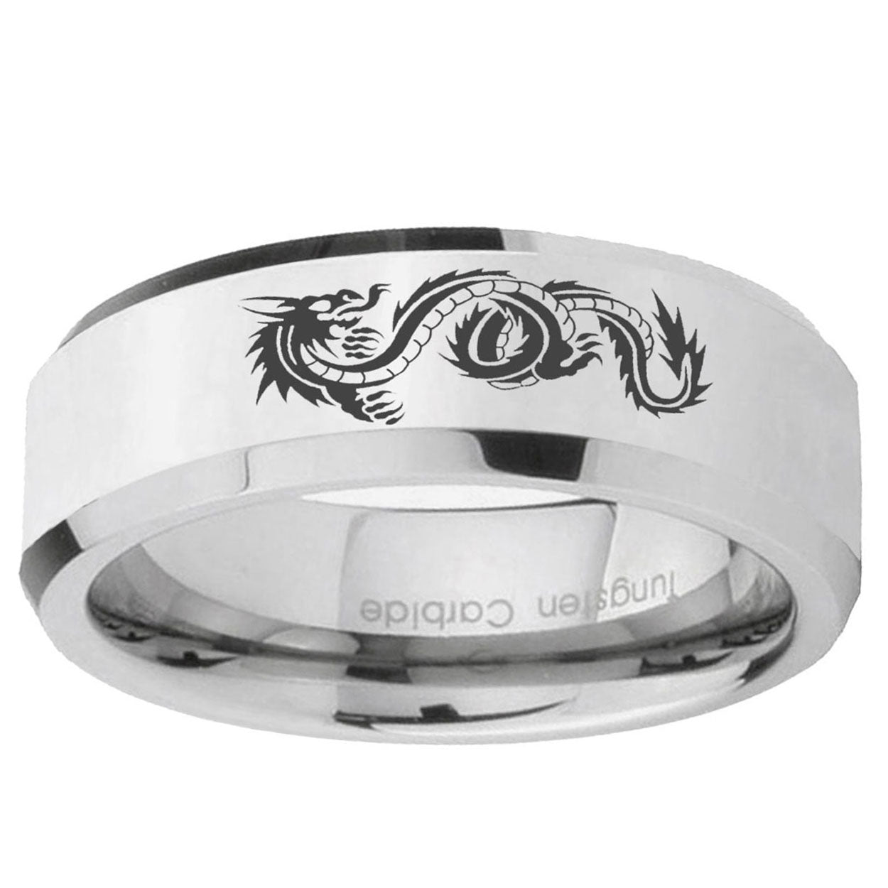 10mm Dragon Beveled Edge Silver Tungsten Ring