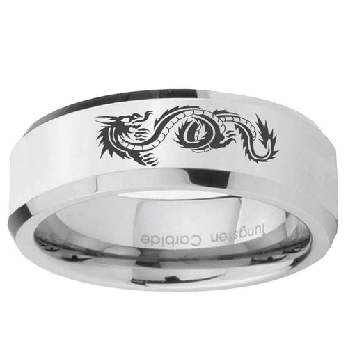 10mm Dragon Beveled Edge Silver Tungsten Ring