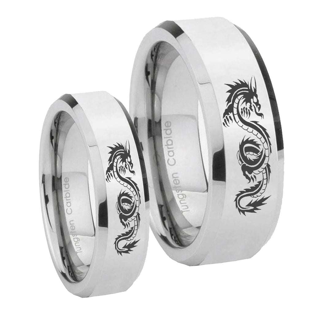 Dragon Beveled Edges Silver Tungsten His And Hers Ring