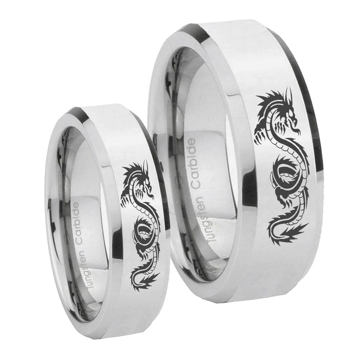 Dragon Beveled Edges Silver Tungsten His And Hers Ring