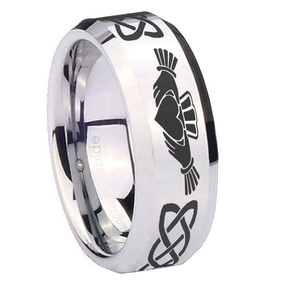 10mm-Irish-Claddagh-Beveled-Edges-Silver-Tungsten-Carbide-Bands-Ring