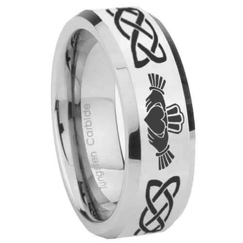 10mm Irish Claddagh Beveled Edges Silver Tungsten Carbide Bands Ring