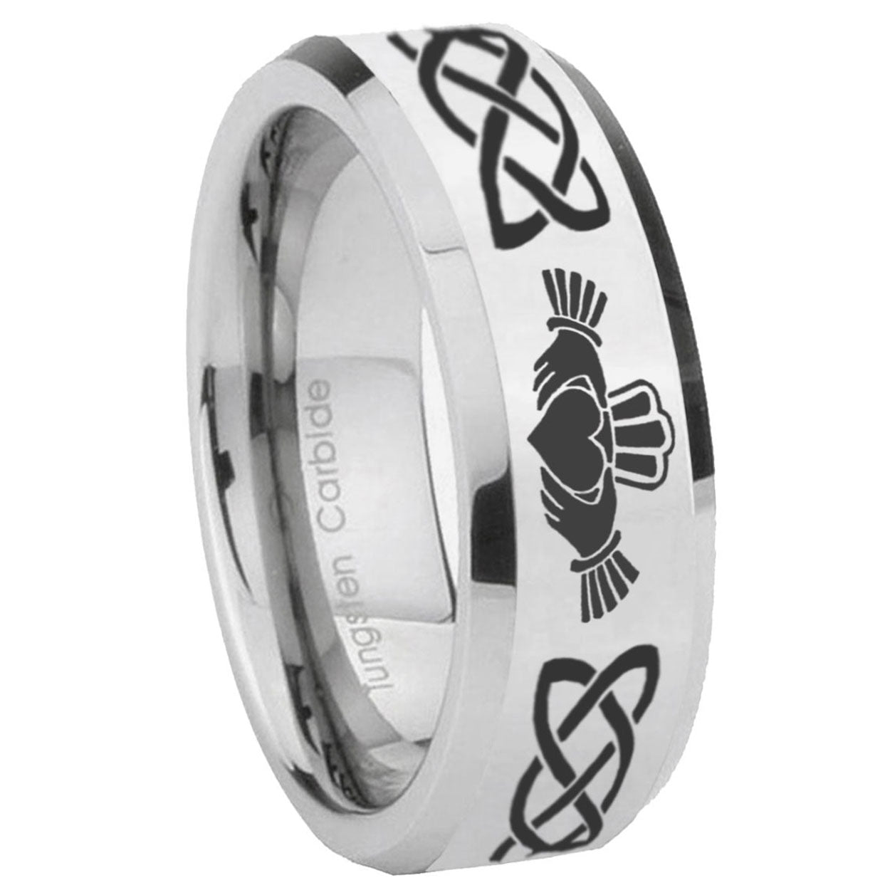 8MM Irish Claddagh Bevel Polish Silver Tungsten Ring For Him