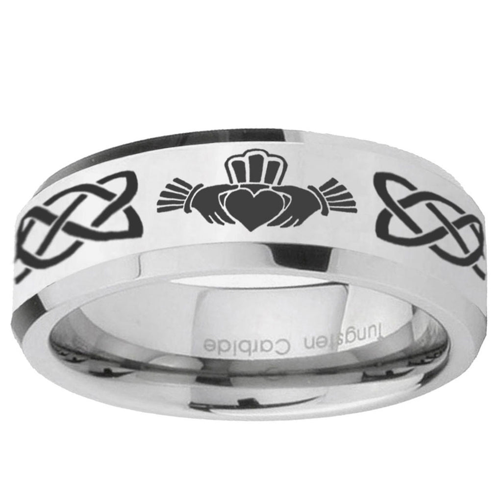 10mm Irish Claddagh Beveled Edge Silver Tungsten Ring