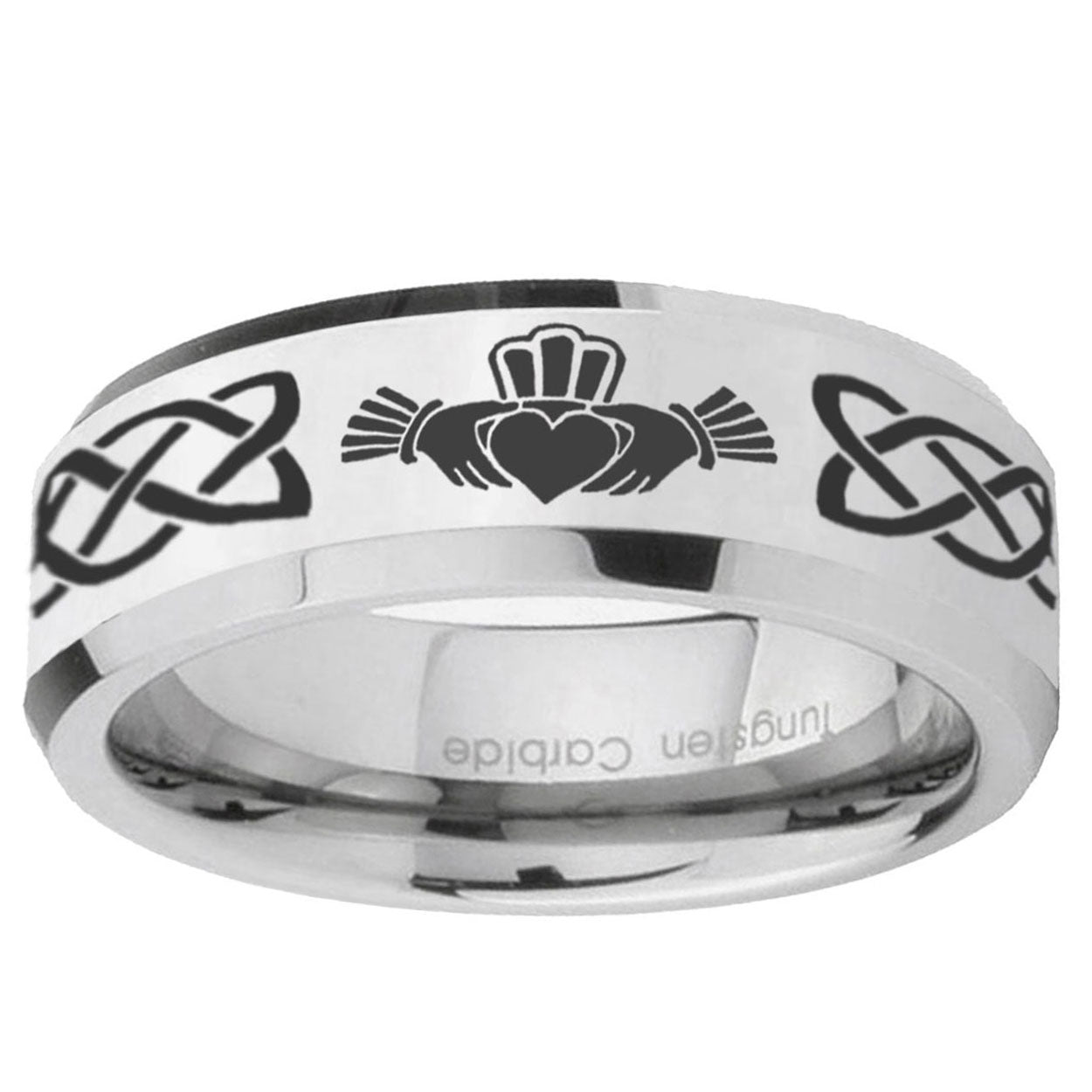 10mm Irish Claddagh Beveled Edge Silver Tungsten Ring