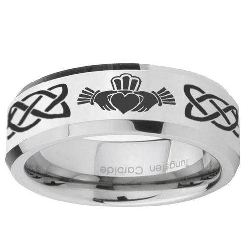 10mm Irish Claddagh Beveled Edge Silver Tungsten Ring