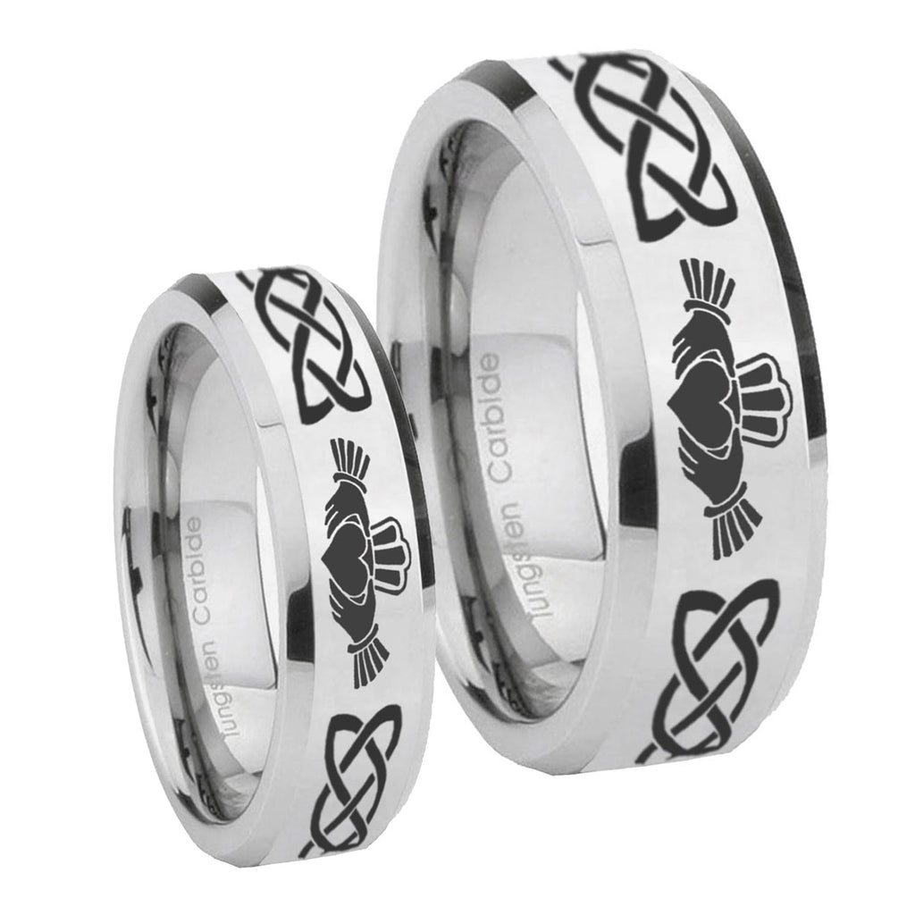 Irish Claddagh Beveled Edges Silver Tungsten Mens Set Rings