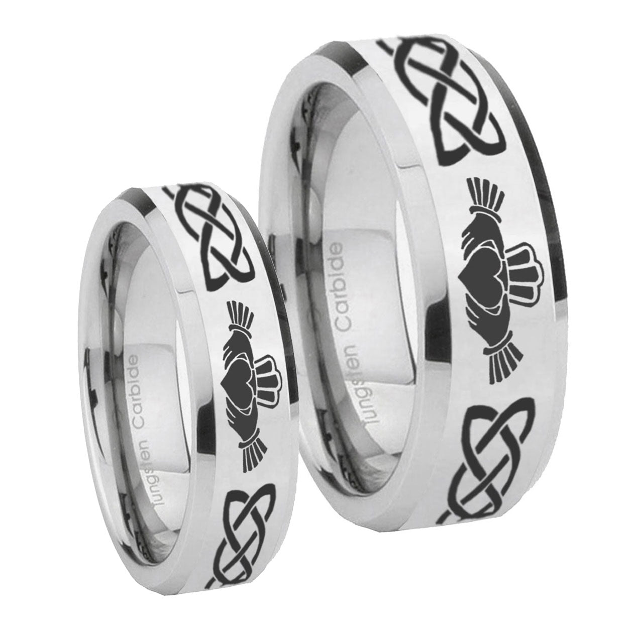Irish Claddagh Beveled Edges Silver Tungsten Mens Set Rings
